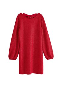 Rotes, glitzerndes Minikleid mit langen, voluminösen Ärmeln und rundem Ausschnitt, mit einer Schleifenakzent auf der Rückseite. Glatte Textur.