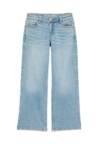Jeans a gamba larga in denim blu chiaro con vita alta, dotati di due tasche frontali, chiusura con bottone e leggere scoloriture per un effetto texture.