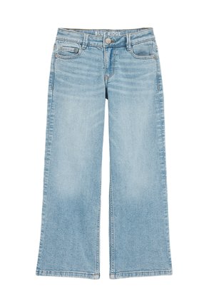 Jeans a gamba larga in denim blu chiaro con vita alta, dotati di due tasche frontali, chiusura con bottone e leggere scoloriture per un effetto texture.