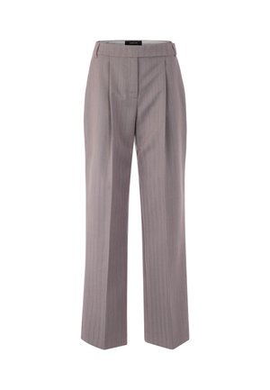 Gray, high-waisted trousers with a wide-leg design and subtle vertical stripes. Features pleats at the front and a smooth texture.