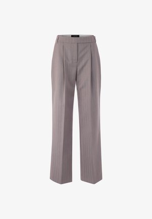 Gray, high-waisted trousers with a wide-leg design and subtle vertical stripes. Features pleats at the front and a smooth texture.