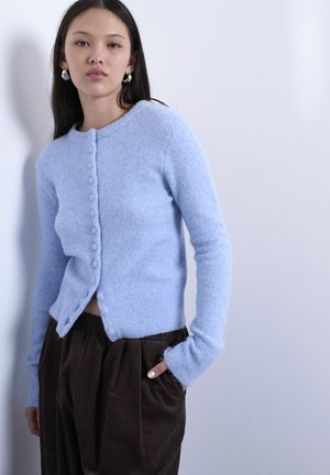 Kvinne iført en lys blå, lodden, knappet cardigan og mørkebrune, plisserte bukser, stående med én hånd i lommen mot en hvit vegg.