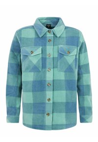 Veste-chemise à carreaux verts et bleus avec deux poches poitrine boutonnées et un col classique.