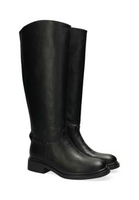 Botas de cuero negras hasta la rodilla con una textura suave, puntera redonda y un tacón bajo tipo bloque. Presentan un diseño sencillo y mínimos acentos.