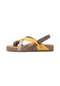 Sandal multicolore con cinture gialle, marroni e crema, un fondo in sughero e una suola in gomma testurizzata. Cinturino posteriore regolabile.