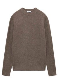 Brauner gestrickter Pullover mit langen Ärmeln, Rundhalsausschnitt und strukturiertem Finish. Einfaches Design, lockere Passform und keine sichtbaren Verzierungen oder Muster.