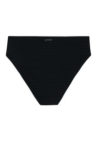 Čierne bikiny s textúrovanou látkou a jemným prúžkovaným vzorom. Majú logo na páse a vysoký strih nohavičiek.