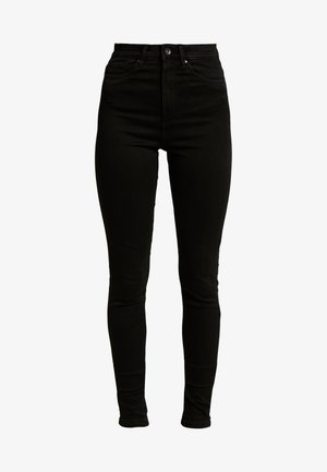 Sorte høye skinny jeans laget av denim med litt stretch, med glidelås, enkelt knappelukking og fem lomme-design.