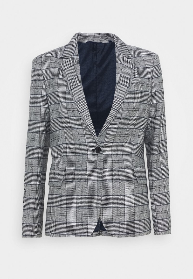 Blazer à carreaux gris et noirs avec un bouton noir, revers crantés, poches à rabat à l'avant et doublure intérieure sombre.