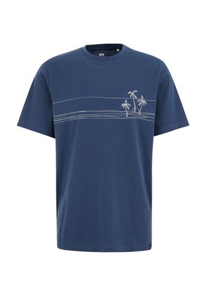 Marineblaue Baumwoll-T-Shirt mit Rundhalsausschnitt, featuring weißen Palmen grafik und wellenförmigen Liniendetails über der Brust. Kurzärmelig.