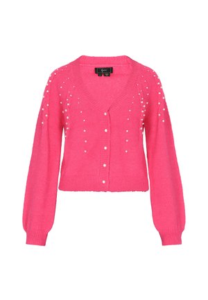 Rosa Strickjacke mit figurbetontem Design, V-Ausschnitt und langen Puffärmeln. Verfügt über dekorative weiße Perlenakzente an den Schultern.