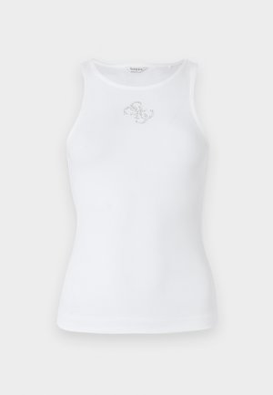 Valge ribadega tank top, millel on ümar kaelus ja ilma varrukateta disain. Sisaldab väikest hõbedast logo tikandit rinnal.