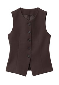 Brauner ärmelloser Weste mit taillierter Passform, ausgestattet mit sechs Knopfverschlüssen und einem glatten Innenfutter. Hergestellt aus strukturiertem Stoff.