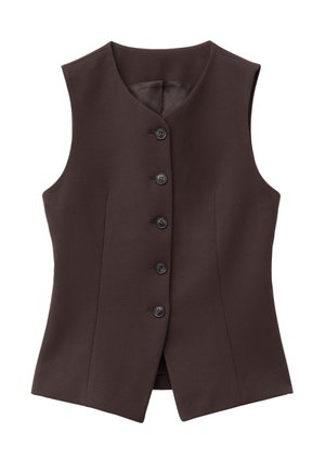 Brown sleeveless vest with a fitted design, featuring six button closures and a smooth interior lining. Made from textured fabric.
