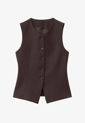 Brauner ärmelloser Weste mit taillierter Passform, ausgestattet mit sechs Knopfverschlüssen und einem glatten Innenfutter. Hergestellt aus strukturiertem Stoff.