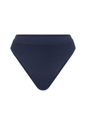 Navy blue ribbed bikini bottom with a high-cut leg, featuring a smooth waistband and textured fabric for comfort and fit.
