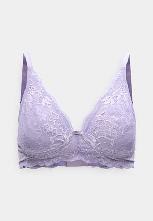 Light purple lace bralette with sheer floral design, adjustable straps, and a smooth back. Features a subtle scalloped edge.