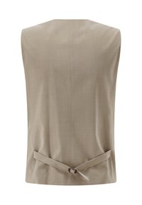 Beige ärmellose Weste mit glatter Textur, mit einer Schnürung am Rücken und schlichtem, minimalistischem Design. Keine sichtbaren Muster oder Verzierungen.