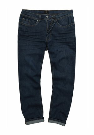 Granatowe dżinsy o klasycznym prostym kroju, z pięcioma kieszeniami, z zapięciem na suwak z przodu oraz podwiniętymi mankietami dla dodatkowego efektu.
