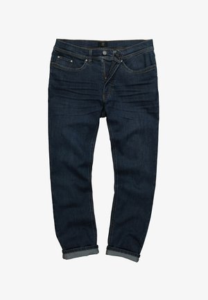 Dunkelblaue Jeans aus Denim mit einem klassischen geraden Schnitt, ausgestattet mit fünf Taschen, einem Reißverschluss vorne und umgeschlagenen Säumen für zusätzliche Details.