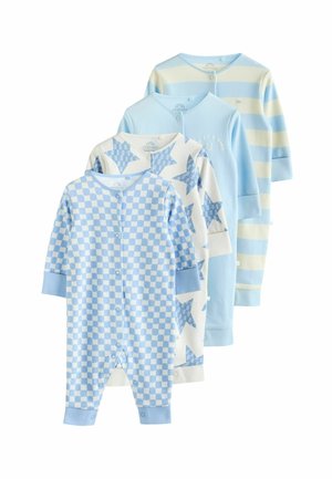 Fire baby-bodystockings i blå og hvide mønstre, inklusive ternet, stjerner, ensfarvet blå og blå og hvide striber, vist på en hvid baggrund.