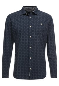 Marinblå långärmad skjorta med diamantmönster, knappat krage, bröstficka och ljusa knappar. Texturerad tyg.