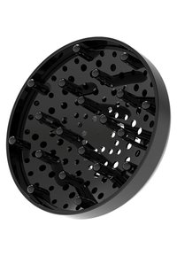 Svart rund kvarn med flera inre stift och hål för malning, med en slät yta och texturerad insida för funktionalitet.