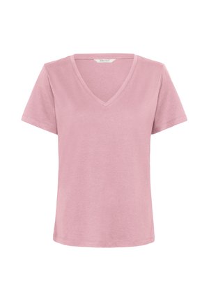 T-shirt rose pâle à manches courtes avec un col en V, en tissu simple et lisse, sans motifs ni logos visibles.