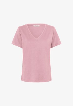 Light pink short-sleeve V-neck T-shirt with a simple, smooth fabric and no visible patterns or logos.