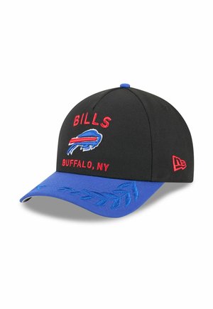Black baseball cap with blue visor. Features red embroidery with “BILLS” and “BUFFALO, NY,” along with a blue buffalo logo and leaf pattern.