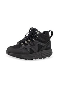 Chaussure de randonnée noire avec une tige synthétique texturée, œillets métalliques et talon renforcé. Dispose d'un collier rembourré et d'une semelle en caoutchouc durable.