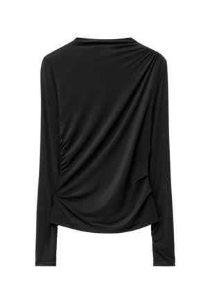 Black long-sleeve top featuring a draped design, gathered texture on the side, and a round neckline. Soft fabric with a smooth finish.