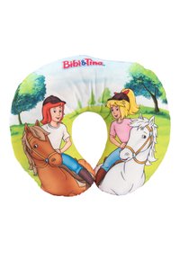 Cuscino per il collo a forma di U, in tessuto morbido con vivaci personaggi dei cartoni animati che cavalcano cavalli su uno sfondo verde. Logo "Bibi & Tina" in alto.
