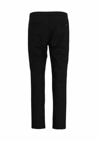 Svarta raka byxor med elastisk midja och två bakfickor, visade från baksidan mot en vit bakgrund.