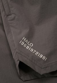 Grå plagg med mjuk textur, med "HALO 196819721981" tryckt i vitt nära fållen. Subtila stygn detaljer är synliga.