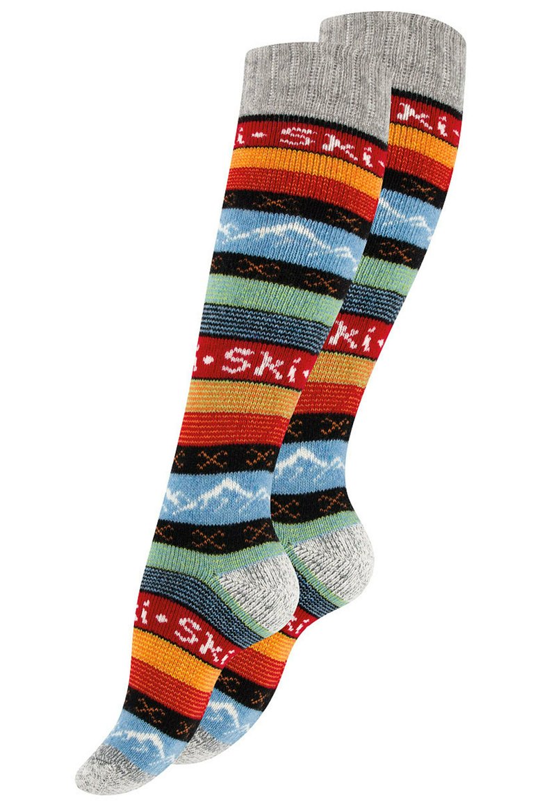 Calze alte fino al ginocchio con un design a strisce multicolore che include blu, rosso, arancione, verde e nero. Cuffia grigia testurizzata e punta rinforzata.