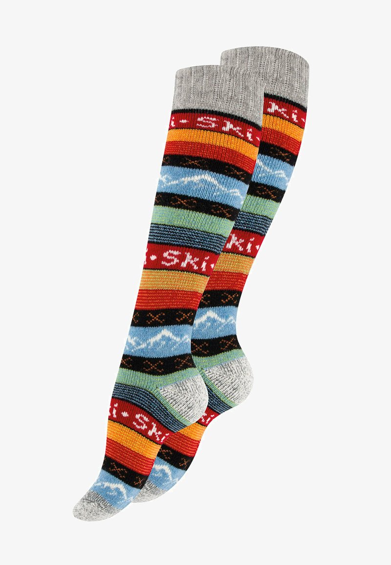 Calze alte fino al ginocchio con un design a strisce multicolore che include blu, rosso, arancione, verde e nero. Cuffia grigia testurizzata e punta rinforzata.