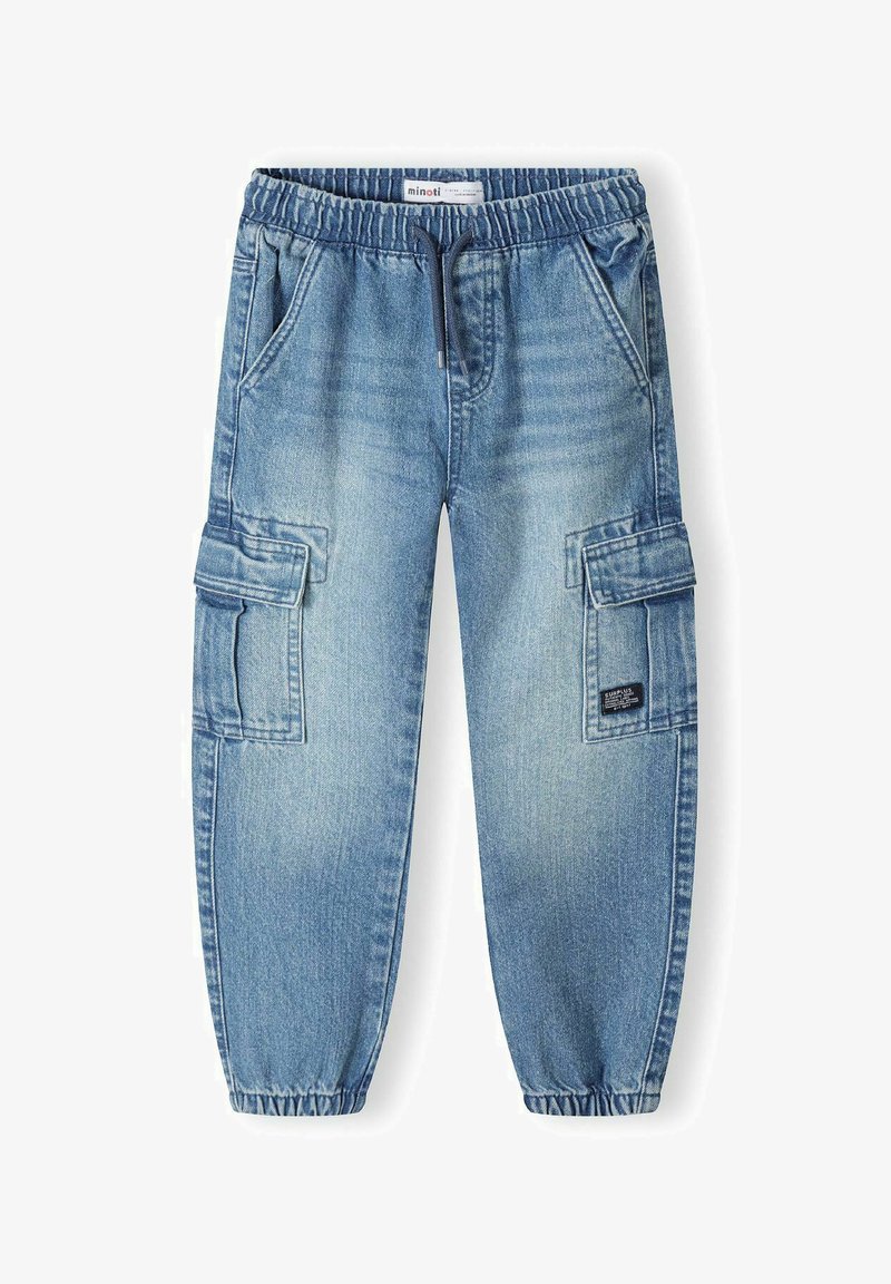 Svetlo modri jeans hlače s cargo stilom, z elastičnim pasom, vrvico, stranskimi žepi in dvema cargo žepoma s logotipom.