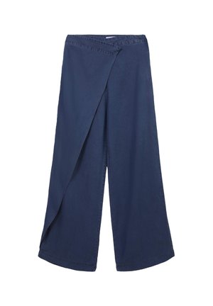 Navy blue wide-leg pants with an overlapping wrap detail on the front, made from lightweight fabric.