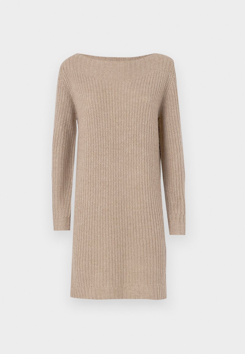Strickkleid in Beige mit schulterfreiem Ausschnitt, langen Ärmeln, geripptem Textur und lockerer Passform.