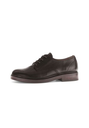 Black leather men's oxford shoe with closed lacing and wooden stacked heel, shown in side profile on a white background.