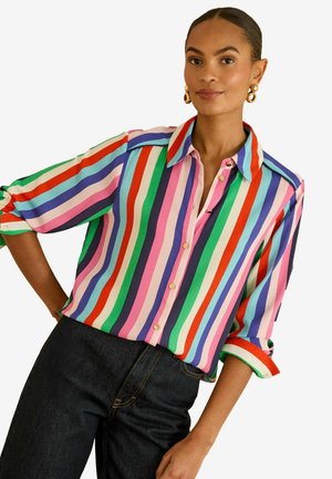 Wielokolorowa bluzka w paski, z poziomymi liniami w kolorach różowym, zielonym, czerwonym i niebieskim. Zapinana na guziki z klasycznym kołnierzykiem. Miękka faktura tkaniny.