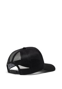 Gorra snapback negra con una parte frontal sólida y parte trasera de malla. Presenta una corona estructurada y visera curvada, diseñada para la transpirabilidad y el ajuste.