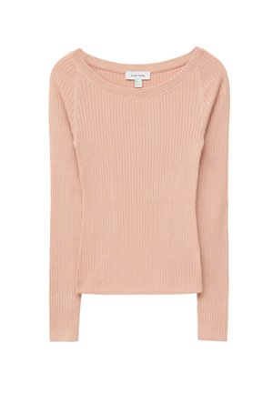 Light pink ribbed long-sleeve top with a wide neckline. The fabric is textured with vertical lines and has a fitted silhouette.