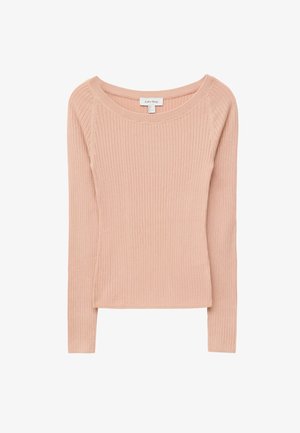 Lyserød ribstrikket langærmet top med bredt halsudskæring. Stoffet har en tekstur med lodrette linjer og en tætsiddende silhuet.