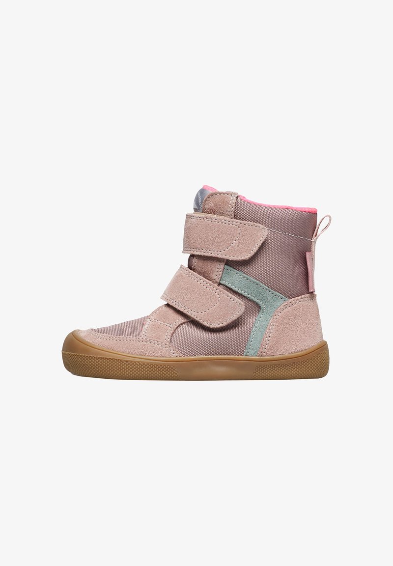 Rosa und grauer Hi-Top-Schuh mit Klettverschlüssen, ausgestattet mit einem strukturierten Wildleder-Obermaterial, Mesh-Einsätzen und einer Gummisohle.