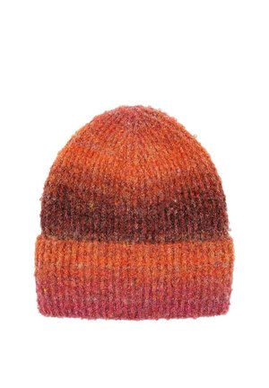 Chunky knit woolen beanie hat with folded brim in gradient colors from orange to dark brown and red tones.