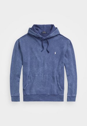 Blue hooded sweatshirt with front pouch pocket, drawstring hood, and small white Polo Ralph Lauren logo on left chest.