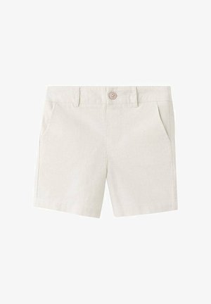 Shorts en coton beige avec passants pour ceinture, fermeture avant par boutons et deux poches latérales, présentés sur un fond blanc.