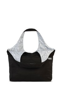 Sac fourre-tout en tissu noir avec un intérieur gris à motifs floraux, large bandoulière, et une étiquette de logo contrastante sur le côté.